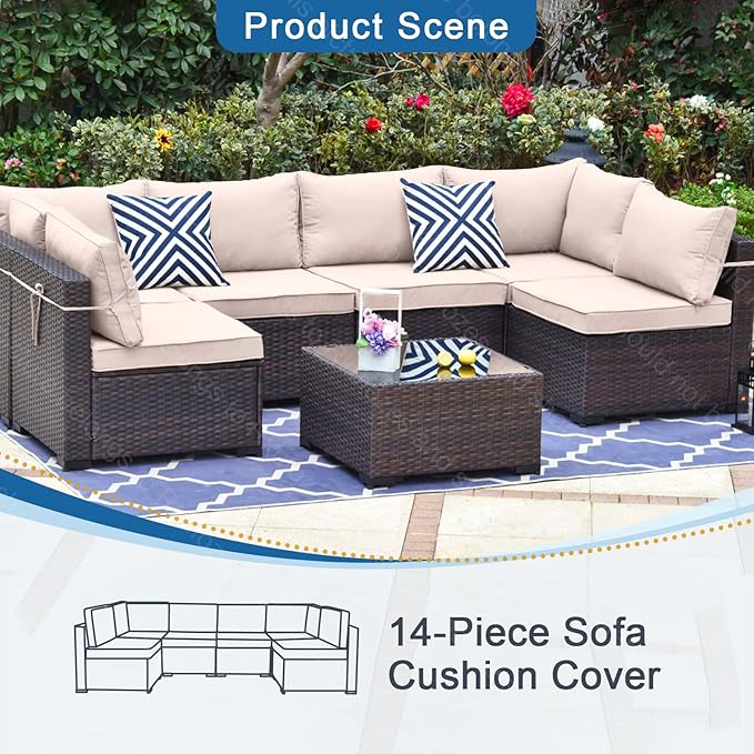 14 PCs Patio Cushion Covers for 7 PCs Outdoor Furniture Sectional Seating Sets Water Resistant Plus 2 Throw Pillows (Khaki, 24.8(L)*24.8(W)*3.14(T) inches)
