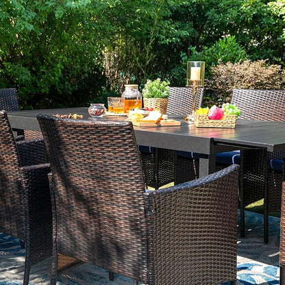 PHI VILLA 7 Pieces Outdoor Dining Set for 6, Expandable Rectangular Metal Table & Wicker Chairs with Cushions, Large Furniture Set for Patio, Deck, Yard, Porch
