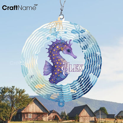 Personalized Hippocampus Wind Spinner 3D Stainless Steel, Hippocampus Garden Spinner Hanging Outdoor Decor, Wind Spinners Outdoor, Custom Gift for Grandmother, Mom, Wife