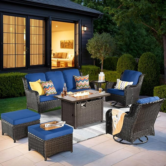 HOOOWOOO Patio Furniture Set,7 Piece Outdoor Furniture Set with Fire Pit Table,Wicker Patio Conversation Couch Swivel Chairs Ottoman Set,Navy Blue