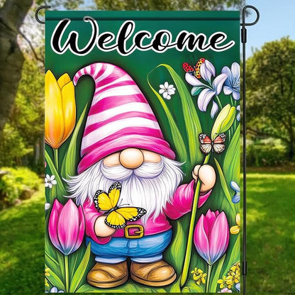 Spring Garden Flag 12x18 Inch Double Sided Cute Gnome Butterfly Outside Holiday Yard Welcome Spring Yard Flags Seasonal Decorations of Turmeric Flowers Outside Holiday Farmhouse Flag