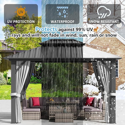 Aoxun 10'x12' Hardtop Gazebo Featuring Aluminum Frame & Double Galvanized Steel Roof, Outdoor Metal Shelter with Netting, Plus LED Waterproof Hanging Lights