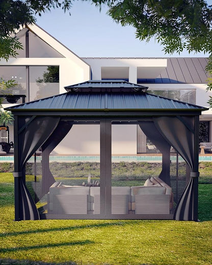 GAOMON Hardtop Gazebo 10'x14' for All Weather, with Double Metal Roof, Aluminum Alloy Frame, Net, and Curtain, Permanent Building of Backyard Luxury for Patio, Deck, Backyard, Lawn, and Garden, Gray