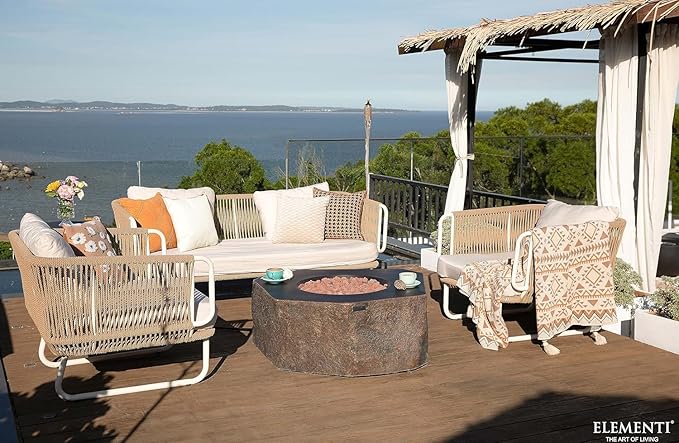 Elementi | Bundle Columbia Gas Fire Pit Cast Concrete Semi-Round Fire Table, Outdoor Fire Pit Electronic Ignition | Canvas Cover, Lava Rock Included | Propane Gas