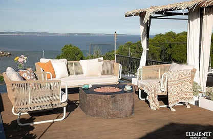 Elementi | Bundle Columbia Gas Fire Pit Cast Concrete Semi-Round Fire Table, Outdoor Fire Pit Electronic Ignition | Canvas Cover, Lava Rock Included | Propane Gas