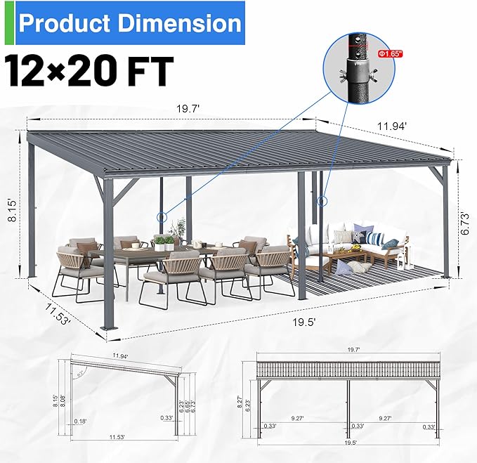 12x20FT Lean to Gazebo, Outdoor Hardtop Wall Mount Gazebo with Gutter & Sloping Galvanized Steel Roof, Metal Hard Top Awnings for Deck, Porch, Backyard