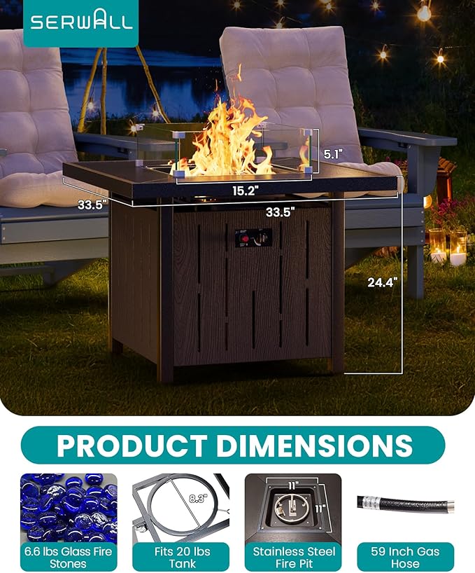 SERWALL 33" Outdoor Fire Pit Table, 50,000 BTU Square Propane Fire Pit Table with Lid, Glass Rock & Glass Wind Guard, HDPE Outdoor Furniture for Patio, Garden, Backyard, Black