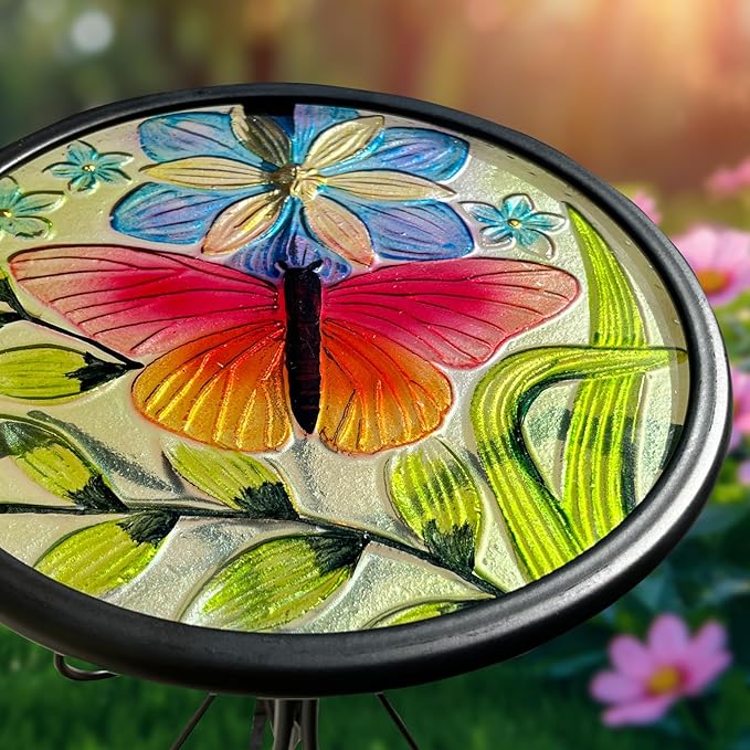 HONGLAND Outdoor Side Table, Small Outdoor Table, 12" Round Patio Side Table End Table, Glass Plant Stand, Small Bistro Coffee Table for Garden Patio Porch Living Room (Butterfly)
