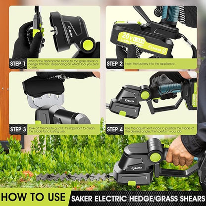 Saker Cordless Hedge Trimmer-20V Electric Shrub Trimmer Grass Shears Handheld Grass Cutter, Hedge Shear with 1 PCS Rechargeable Battery and Charger for Garden, Lawn