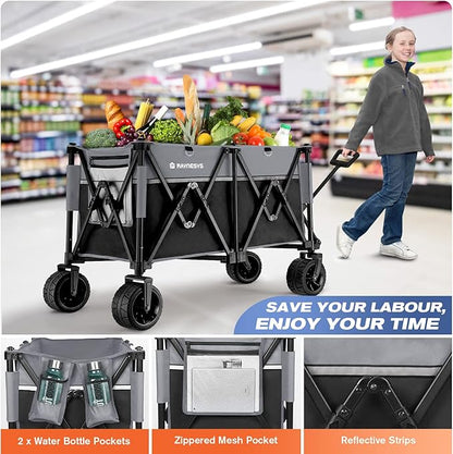 Collapsible Foldable Wagons, 440 lbs Weight Capacity Beach Wagon with Big All-Terrain Wheels, Heavy Duty Foldable Wagon,Utility Carts for Outdoor, Sports, Shopping, Camping, Black & Gray