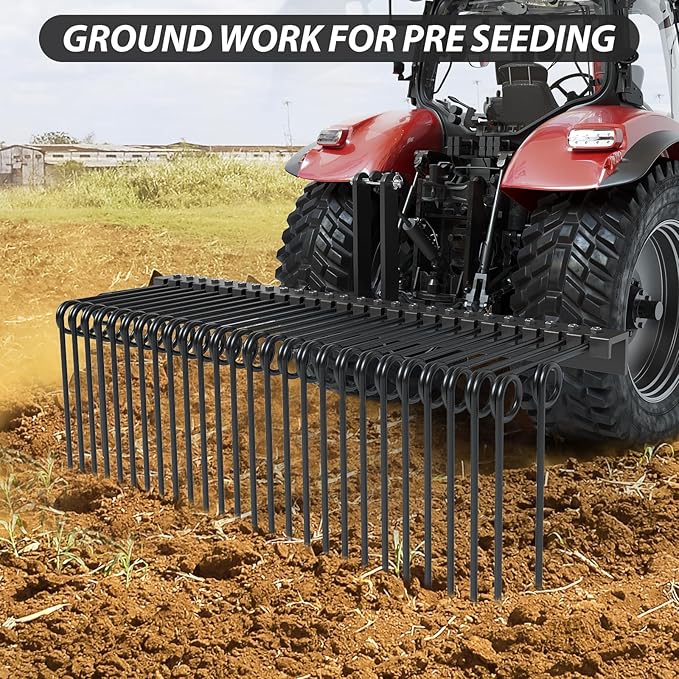 72 Inch Pine Straw Needle Rake, 3 Point Landscape Rake, Powder Coated Steel Spring Tow Behind Rakes, Tractor Attachments for Leaves Straw Grass Attach to Cat 0 Cat 1, Black