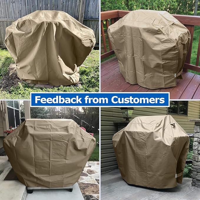 SunPatio Gas Grill Cover 60 Inch, Heavy Duty Waterproof Outdoor Barbecue Cover with Sealed Seam, FadeStop Material, All Weather Resistant Compatible for Weber CharBroil Nexgrill Grills and More, Taupe