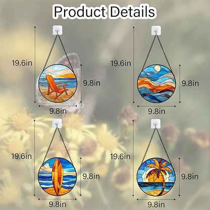 Stained Glass Window Hanging 4 Pcs Set Blue Orange Ocean Beach Theme 9.8" - Suncatcher Door Garden Sun Catcher Decor Birthday Christmas for Mom Woman Nana Men Wife