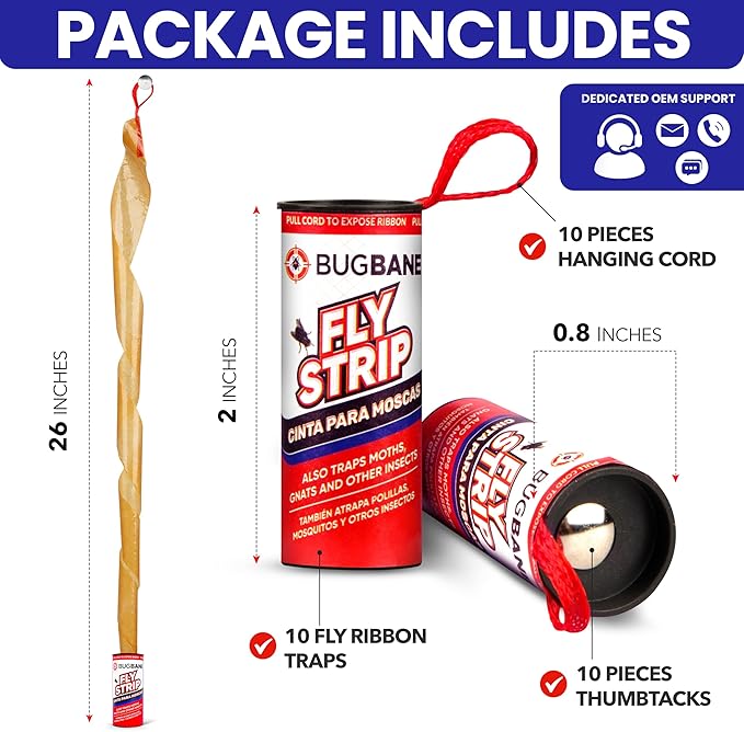 Fly Strips Indoor Sticky Hanging 10pk with Pins. Non Toxic Outdoor Fly Trap Indoor for Home. Flies Tape Paper Trap Ribbon Roll for House Gnat Fruit and Housefly. Bug Catchers for Inside Home Flypaper