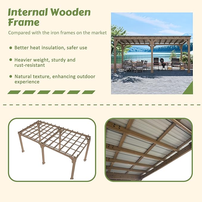10 x 20 FT Wooden Grill Gazebo with Sloping Metal Roof, BBQ Gazebo with 5.5" Width Wood Posts & Rainwater Drainage for Barbecue, Garden, Backyard, Light Mocha Brown