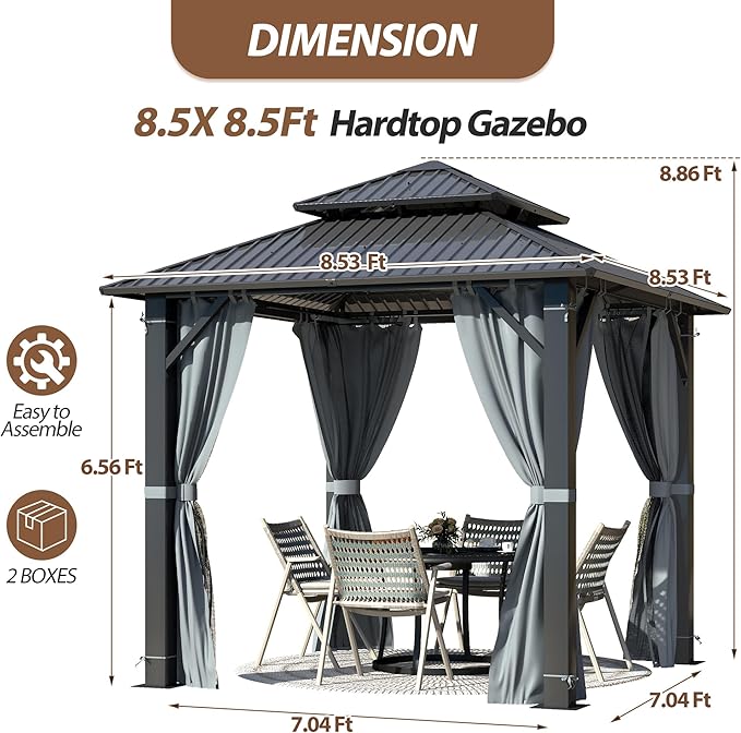 8.5' x 8.5' Hardtop Gazebo, Galvanized Steel Double Roof Gazebo with Nettings and Curtain Outdoor Aluminum Frame Vertical Stripes Roof Gazebos for Patio, Backyard, Lawn
