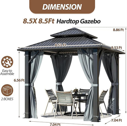 8.5' x 8.5' Hardtop Gazebo, Galvanized Steel Double Roof Gazebo with Nettings and Curtain Outdoor Aluminum Frame Vertical Stripes Roof Gazebos for Patio, Backyard, Lawn