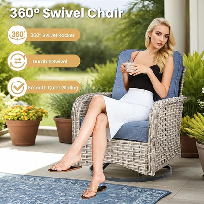 HOOOWOOO Outdoor Sectional Furniture Set with Fire Pit Table,9 Pieces Wicker Patio Conversation Sets,L Shape All Weather Outside Couch Sofa Set with Swivel Chairs Ottoman,Denim Blue