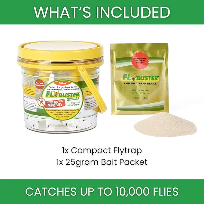 Flybuster Fly Trap | Outdoor Device for Catching Flies | 1-Liter Compact Size | Comes with One Flytrap and 1 Bait Packet | 10,000 Fly Capacity | Non-Toxic | Child & Pet Safe