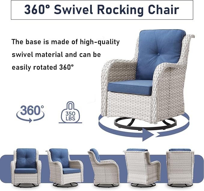6 Pieces Patio Furniture Set with Fire Pit Table, Wicker Rattan Outdoor Furniture Set with Loveseat and Swivel Chairs for Yard, Deck, Garden, Light Beige Wicker/Blue Cushion