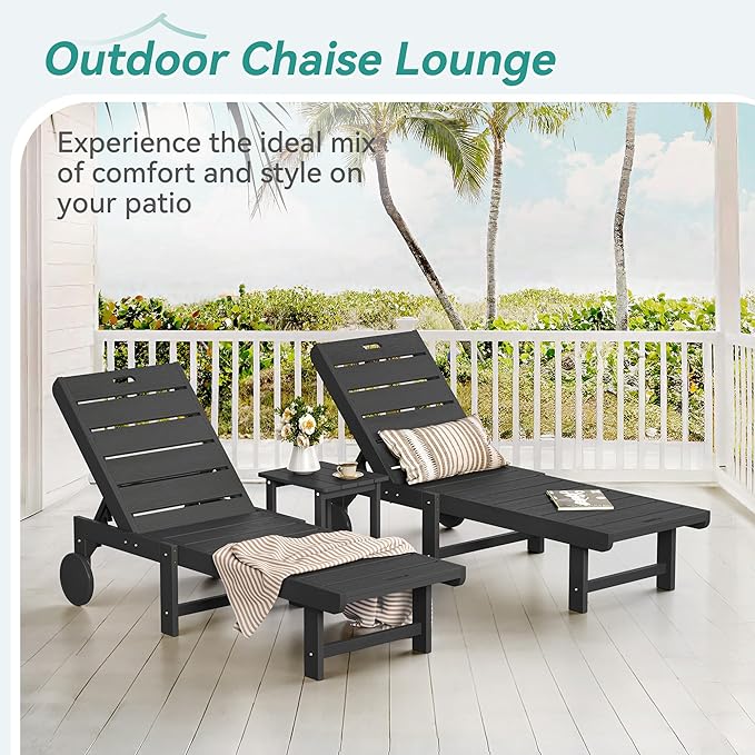 Outdoor Chaise Lounge Chairs with Table, 2-Piece, 26.8” Super Wide Lounge Chair Outdoor, HDPS Pool Chairs with 5 Positions, Patio Lounge Chair with Wheels for Pool,Lawn,Backyard, Black