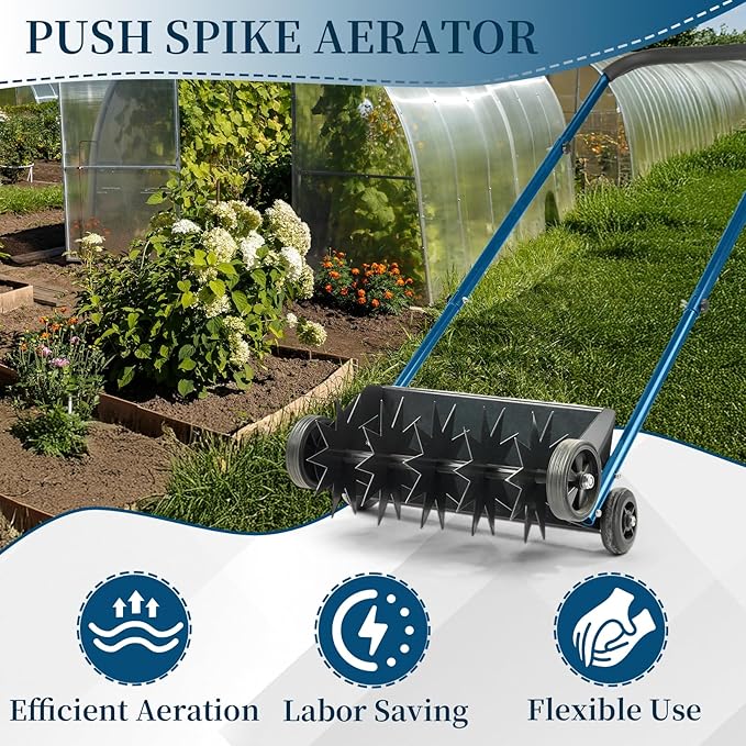 VINGLI Lawn Aerator, 19-Inch Heavy Duty Push Spike Aerator with 4 Wheels, Easy-to-Assemble, 45'' Push Rolling Aerator for Lawm, Yard and Garden(Blue)