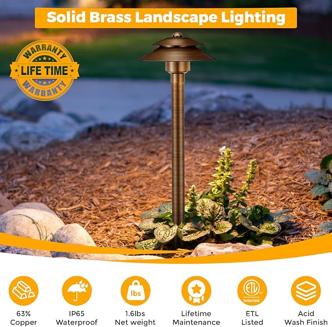 Gardencoin Solid Brass Low Voltage Landscape Pathway Lights (6'' Shade 2-Tier, 19'' Tall), 12V AC/DC LED Heavy Duty Path Lighting Outdoor Wired, Waterproof Bronze Walkway Light Without G4 Bulb,12 Pack