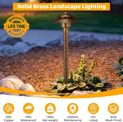 Gardencoin Solid Brass Low Voltage Landscape Pathway Lights (6'' Shade 2-Tier, 19'' Tall), 12V AC/DC LED Heavy Duty Path Lighting Outdoor Wired, Waterproof Bronze Walkway Light Without G4 Bulb, 4 Pack