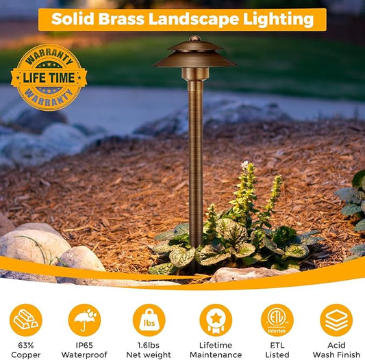 Gardencoin Solid Brass Low Voltage Landscape Pathway Lights (6'' Shade 2-Tier, 19'' Tall), 12V AC/DC LED Heavy Duty Path Lighting Outdoor Wired, Waterproof Bronze Walkway Light Without G4 Bulb, 4 Pack
