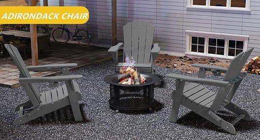 Kingdura Foldable Adirondack Chair, Portable HDPE All Weather Resistant Outdoor Patio Chair, Wooden Textured with Cup Holder, 380LBS Capacity for Poolside, Backyard, Deck, Fire Pit (Grey)