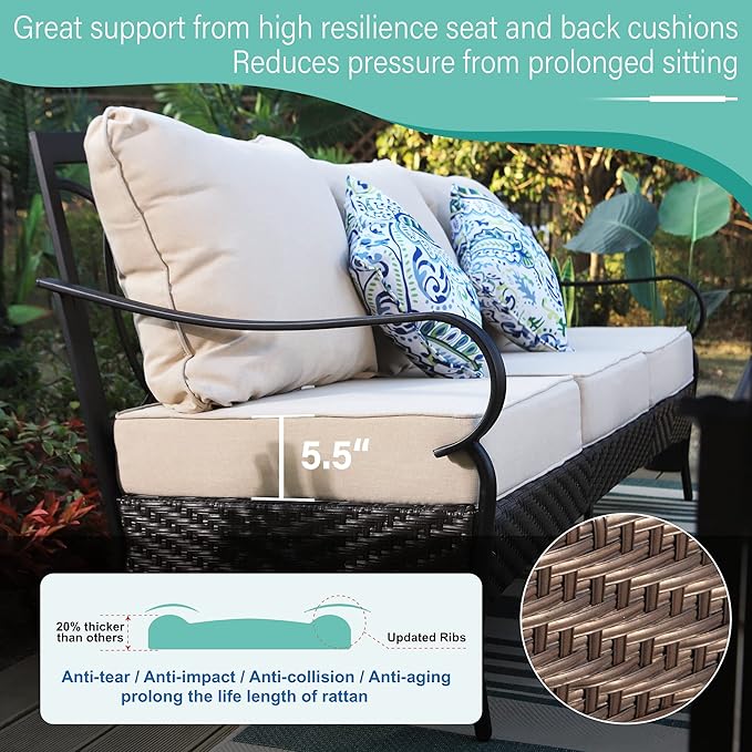 MFSTUDIO Outdoor Patio Furniture Set, 6 PCS Metal Patio Conversation Sets for 7, Patio Sectional Set with High Back 3-Seat Sofa, 2 Fixed Sofa Chairs, 2 Ottoman, 1 Coffee Table, 5.5" Thicken Cushions