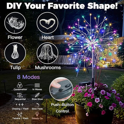 suddus Solar Garden Lights Outdoor Waterproof, Upgrade 2 Pack 150LED Solar Firework Lights, 8 Modes Starburst Fairy Light for Front Yard, Driveway, Bushes, Patio Christmas Decor (Multicolor)