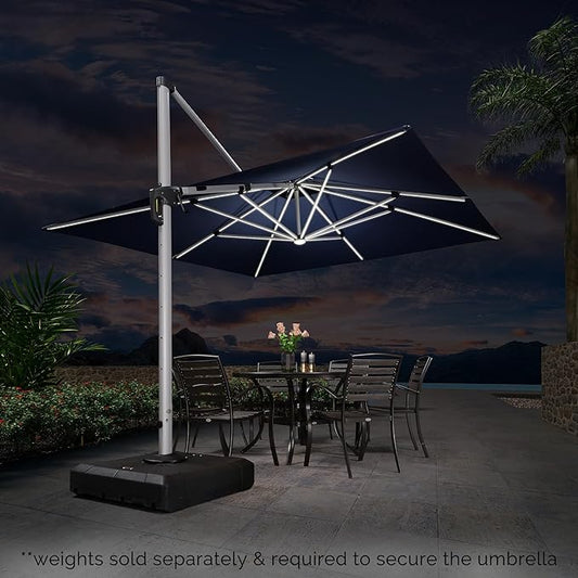 PURPLE LEAF 11 Feet Double Top Deluxe Solar Powered LED Square Patio Umbrella Offset Hanging Umbrella Outdoor Market Umbrella Garden Umbrella, Navy Blue