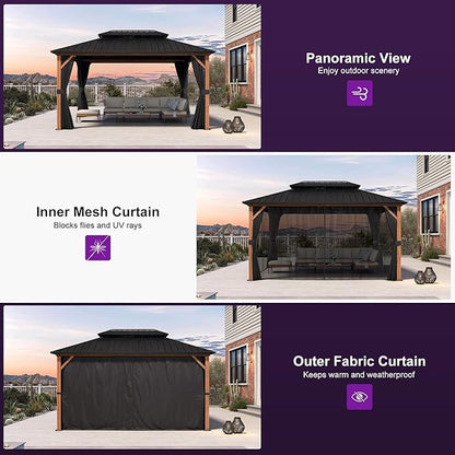 PURPLE LEAF 10' X 14' Hardtop Gazebo with Storage Box Outdoor Wood Grain Aluminum Frame Galvanized Steel Double Roof Gazebos with Netting and Curtains for Patio Deck Backyard Garden