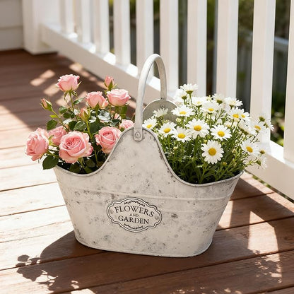Set of 2 Vintage Metal Planter Pots, "Flowers and Garden" Distressed White Hanging/Tabletop Flower Pots with Handle, Rustic Farmhouse Planters for Indoor Outdoor Succulents, Herbs, Home Decor