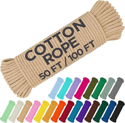 TECEUM Cotton Rope 3/16” (5 mm) – 50 FT – Strong All-Purpose Braided Rope – Natural Cotton – for Crafting, Сamping, Clothes Line, DIY, Indoor & Outdoor Use – Beige
