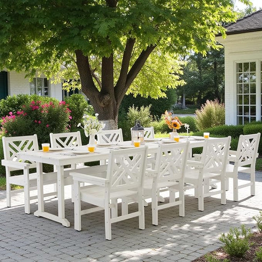 10 Piece HDPE Outdoor Dining Set for 8, Patio Dining Furniture Set with 2 Table and Umbrella Hole, Outdoor Table and Chairs for Garden, Poolside, Backyard, Deck