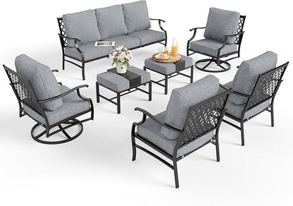 Patio Furniture Set 7 pcs, Outdoor Patio Furniture, 3-Seat Sofa, 2 Single Chairs, 2 Swivel Chairs, 2 Ottomans and 5.75" Extra Thick Cushion, Patio Conversation Set for Backyard Deck,Grey