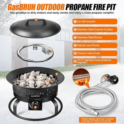 19″ Outdoor Portable Propane Fire Pit with Grill Grate, Cover&Carry Handle,Fireplace,60,000 BTU Propane Firepit,Portable Gas Fire Pit for Outside Patio, Camping,RV, Smokeless Gas Firebowl