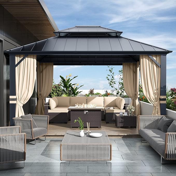 12' x 14' Hardtop Gazebo,Outdoor Galvanized Steel Metal Double Roof Gazebo with Curtains and Netting for Patios, Gardens, Lawns,Khaki