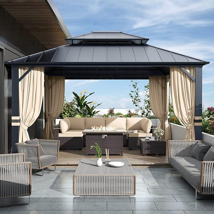 12' x 14' Hardtop Gazebo,Outdoor Galvanized Steel Metal Double Roof Gazebo with Curtains and Netting for Patios, Gardens, Lawns,Khaki