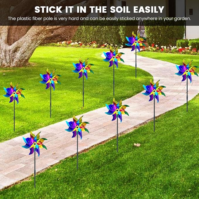 10 PCS Reflective Pinwheels for Yard and Garden Bird Devices Pre-Installed Sparkly Wind Spinner Deterrent to Scare Birds Away from Yard Patio Farm (Multicolor-1)