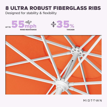 Midtown Umbrellas The Swilt 9 Feet Patio Umbrella in Terylast Tangerine (Bright Orange) Polyester Fabric - Fiberglass Ribs, Auto-Tilt Aluminum Frame For Backyard, Deck, Garden, Pool - White Pole
