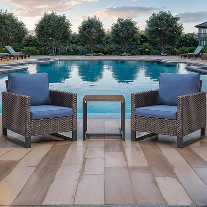 Rilyson Wicker Outdoor Patio Chairs Set - 3 Piece Rattan Patio Furniture Bistro Chairs Set with Waterproof Wicker,Comfortable Cushions and Sturdy Metal Frame for Porch Deck Backyard(Brown/Blue)