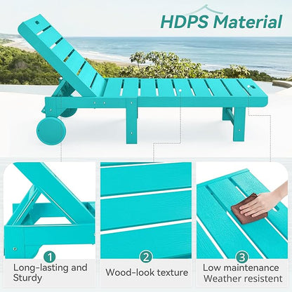 Outdoor Chaise Lounge Chairs with Table, 3-Piece, 26.8” Super Wide Lounge Chair Outdoor, HDPS Pool Chairs with 5 Positions, Patio Lounge Chair with Wheels for Pool,Lawn,Backyard, Aruba Blue