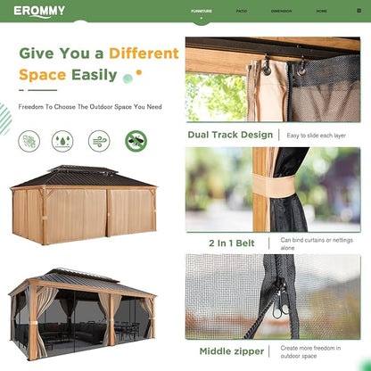EROMMY 12'x20' Gazebo, Galvanized Steel Double Roof with Wood Grain Aluminum Frame, Outdoor Permanent Metal Pavilion with Curtains and Nettings for Patio, Backyard and Deck