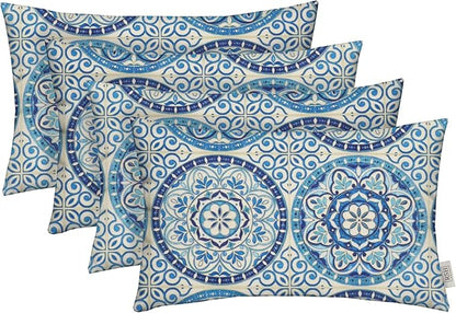 RSH Décor Lumbar Throw Pillows – Set of 4 | 20” x 12” Outdoor Pillows | All-Weather Spun Polyester Fabric | Water & Fade Resistant | Blue Wheel Indigo Patio Pillows