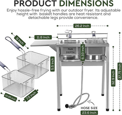 HOMIRA Stainless Steel Two-Tank Propane Deep Fryer with Thermometer, 2 Stainless Steel Baskets and Lids Fish Fryer with Adjustable Temperature Regulator, Outdoor Dual Fryer for Frying