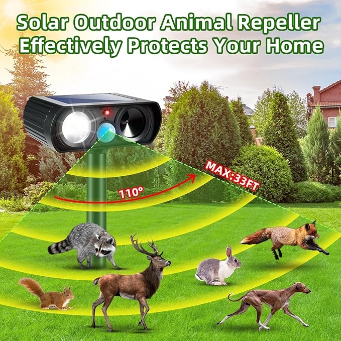 2Pack Solar Deer Repellent Device Ultrasonic Repellent Outdoor Solar Animal Repeller with LED Strober Light&Motion Sensor,2025 Cat Deterrent Outdoor to Scare Squirrel Raccoon Skunk Rabbit
