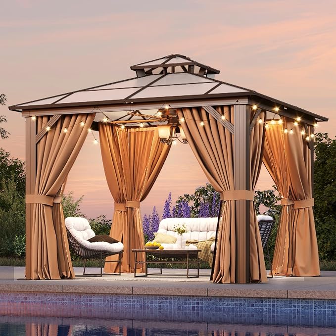 Aoxun 10'x10' Hardtop Gazebo, Aluminum Frame Permanent Pavilion with Netting and Curtains, Outdoor Polycarbonate Double Roof Canopy, Designed for Lawn, Garden, Patio (Khaki)